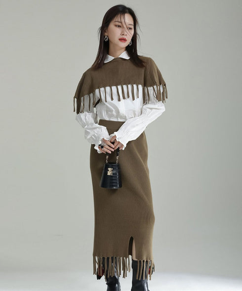 Fringe Knit Cape & Skirt Co-ord